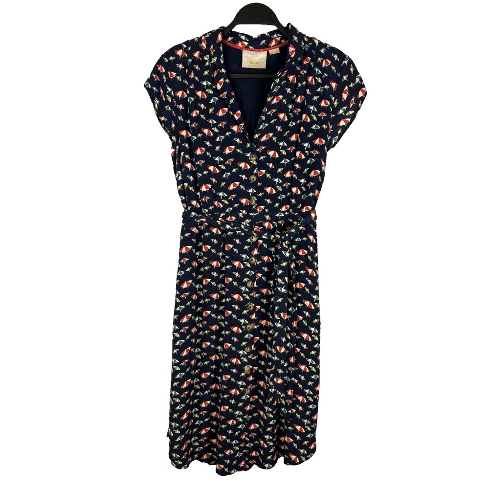 Anthro Maeve Tie Waist Dress Size 10 Navy Beach Umbrella Print Fun Nautical